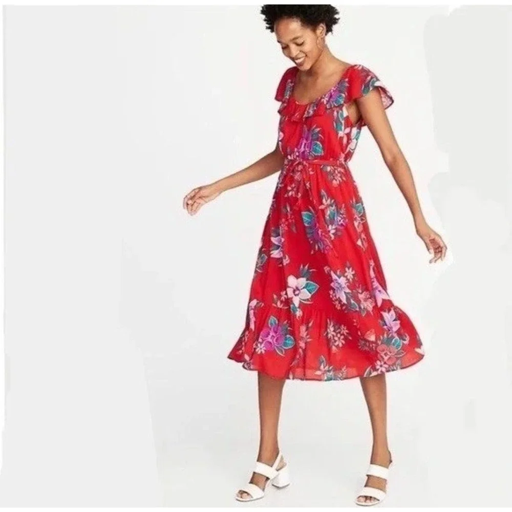 Old Navy Red Floral Flutter Sleeve Smocked Midi Dress XL Tall 412538-01 - Picture 10 of 10